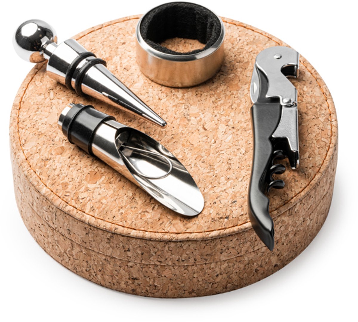 20 pack voordeel pakketWijnset met roestvrijstalen accessoires: kurkentrekker met dubbele hendel en opklapbaar mes, druppelring en schenktuit. Presentatie in een natuurkurken etui met binnenbekleding VENET 4091