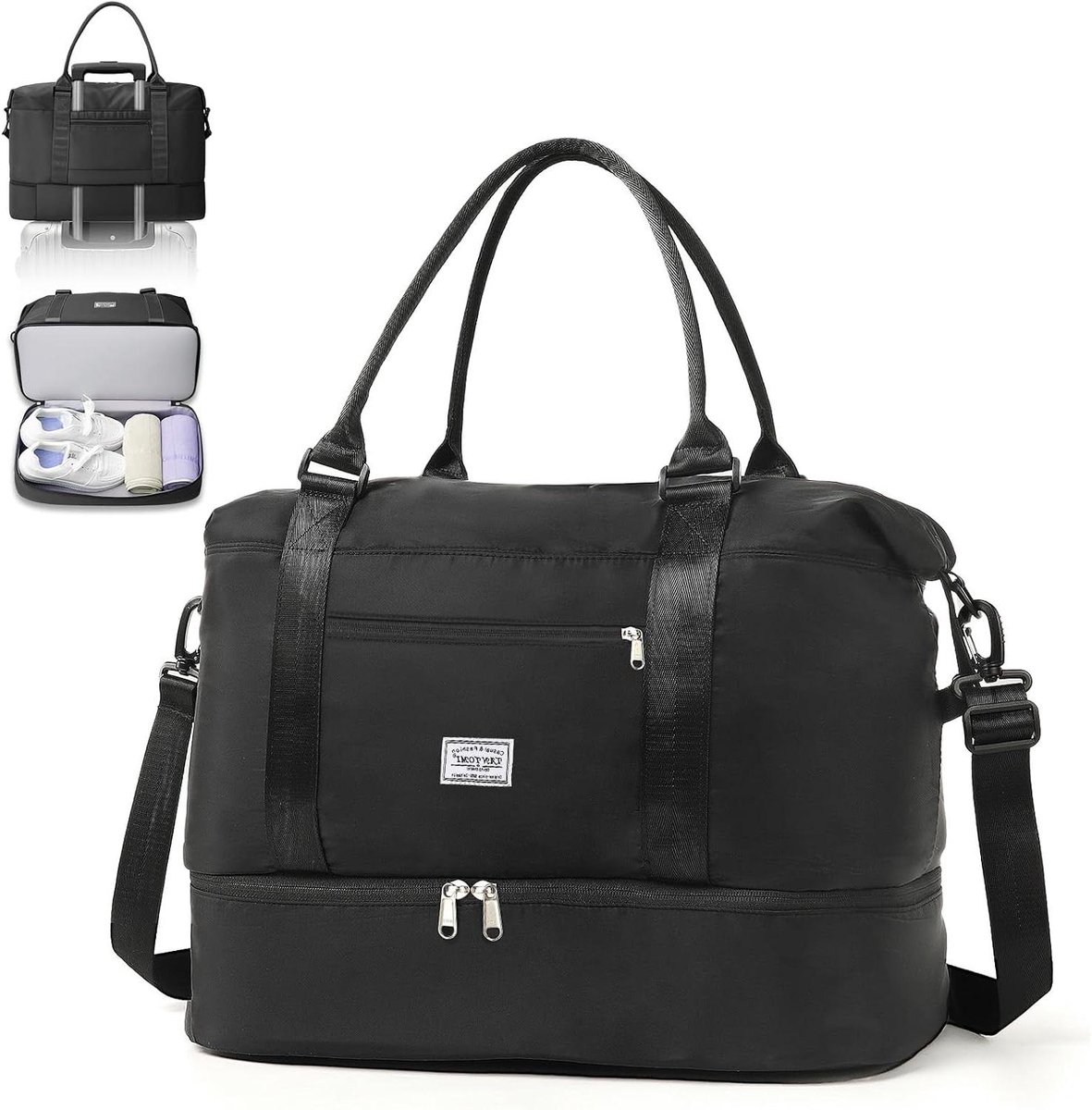 Reistas met Bodemvak - Weekendtas Dames - Veelzijdig Reizen - Waterdichte Schoenencompartiment - 46 x 23 x 32 cm - Zwart