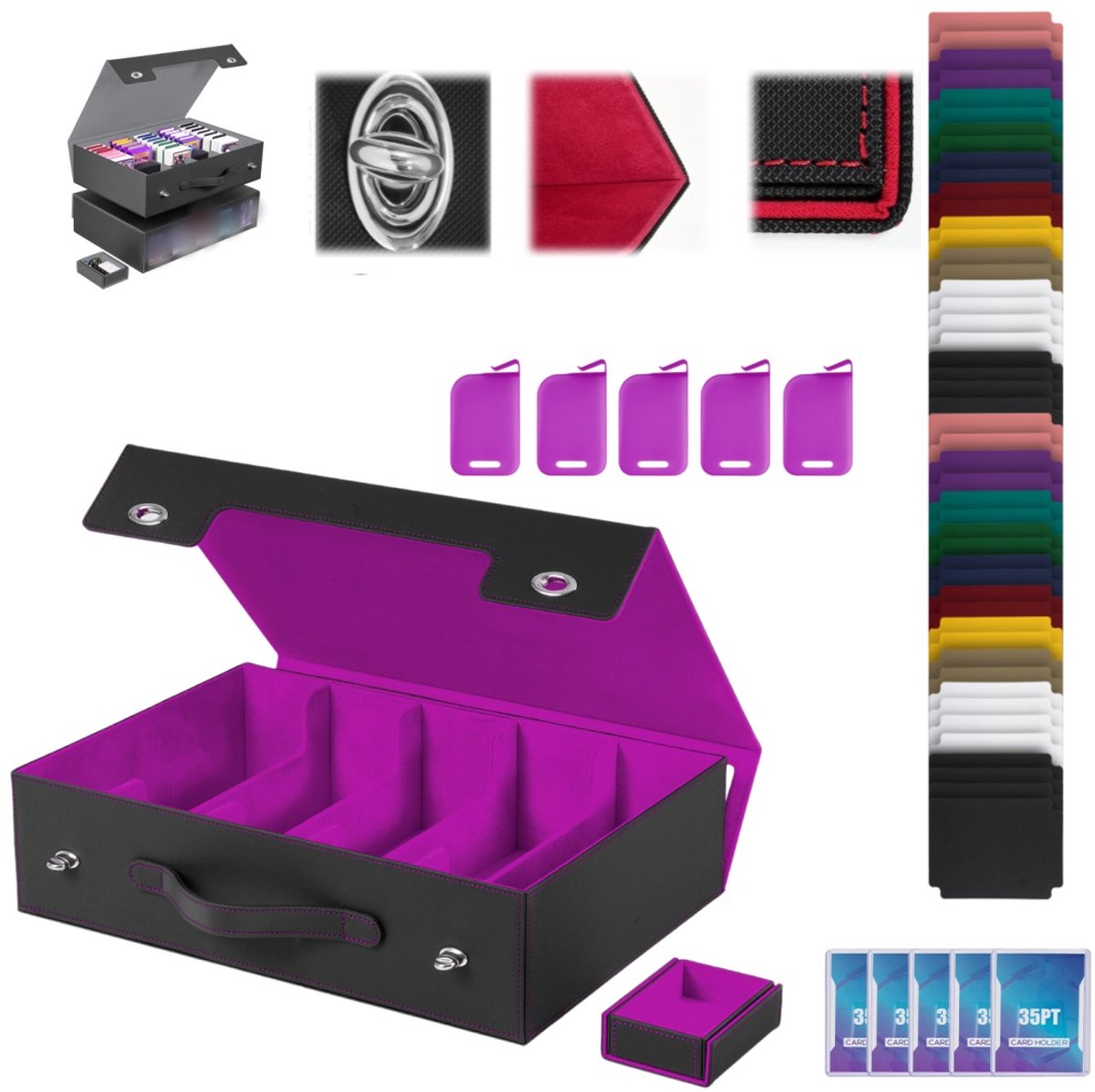 Kaartenopbergdoos met 5 rijen + 48 verdelers + 5 sluitingen + 5 kaarthoezen – Met handvat – Geschikt voor meer dan 3.900 ruilkaarten – Commander-deckbox – Geschikt voor toploaders – Opbergdoos voor kaartencollecties – Kaartenetui van PU-leer