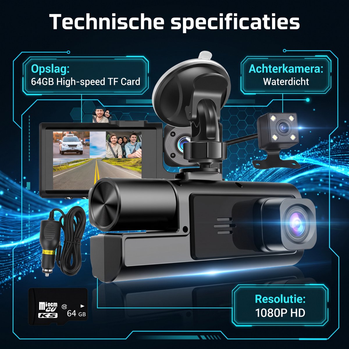 Fokelyi Dashcam Voor Auto - 1080P Drie Camera's Met Zuignap thumbnail 2