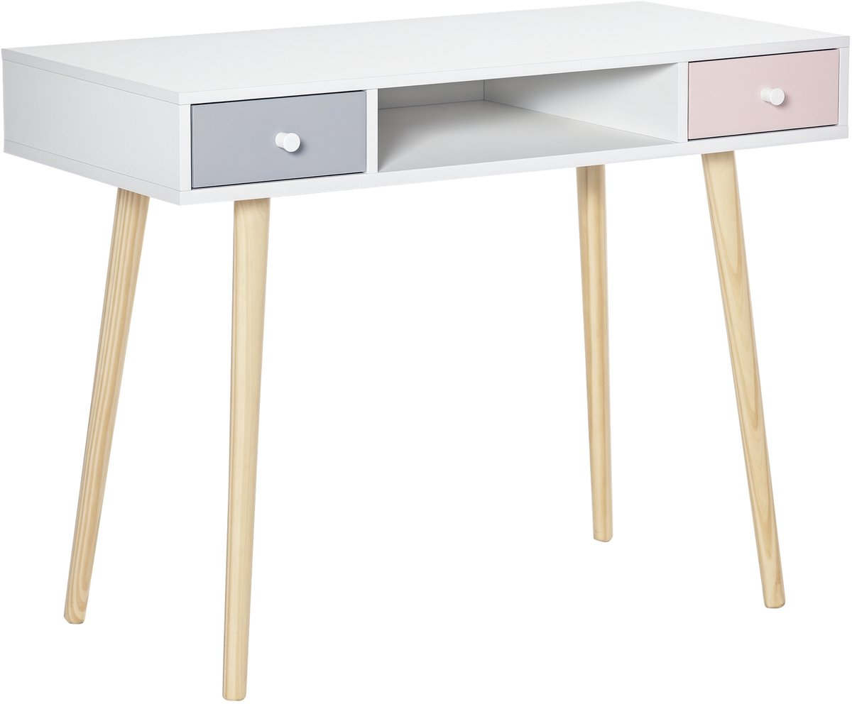 Kinderbureau in Scandinavische stijl met lade en opbergvak - 100 x 48 x 76,5 cm - MDF en grenenhout - wit