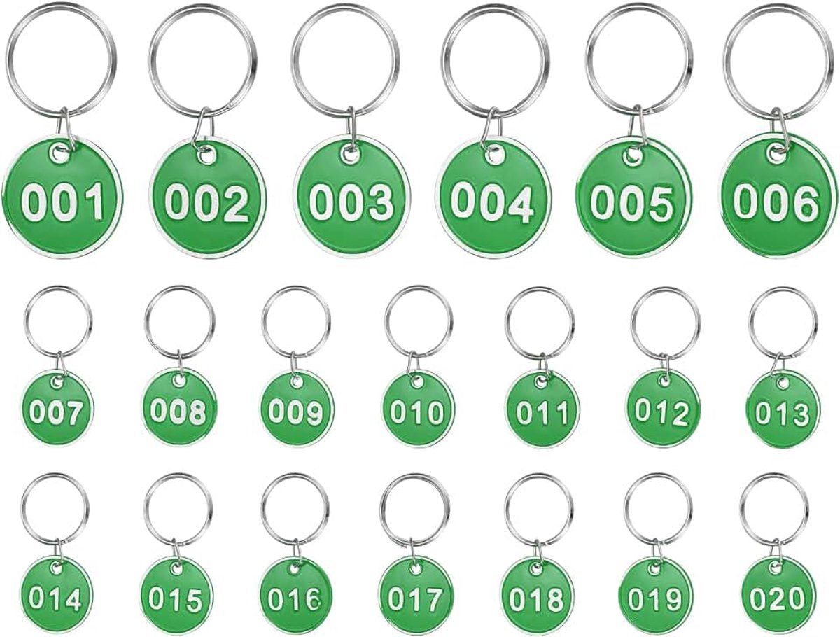 20 STKS Nummerlabels 1-20, Nummer Sleutelhangers Aluminium Genummerde Sleutelhanger Metaal met Sleutelhangers voor Organisator Veld Verkoop Hangers Kleding Labels ID, Groen