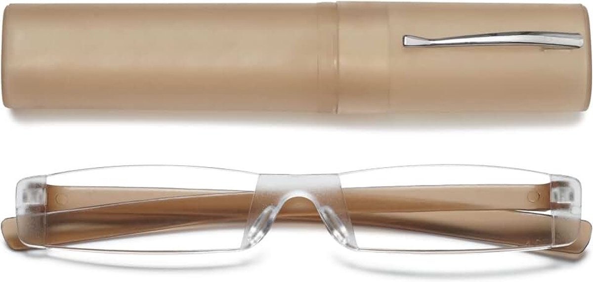 Randloze leesbril met etui, voor dames en heren, mini-leeshulp, zichthulp, zonder frame, 1 stuk bruin