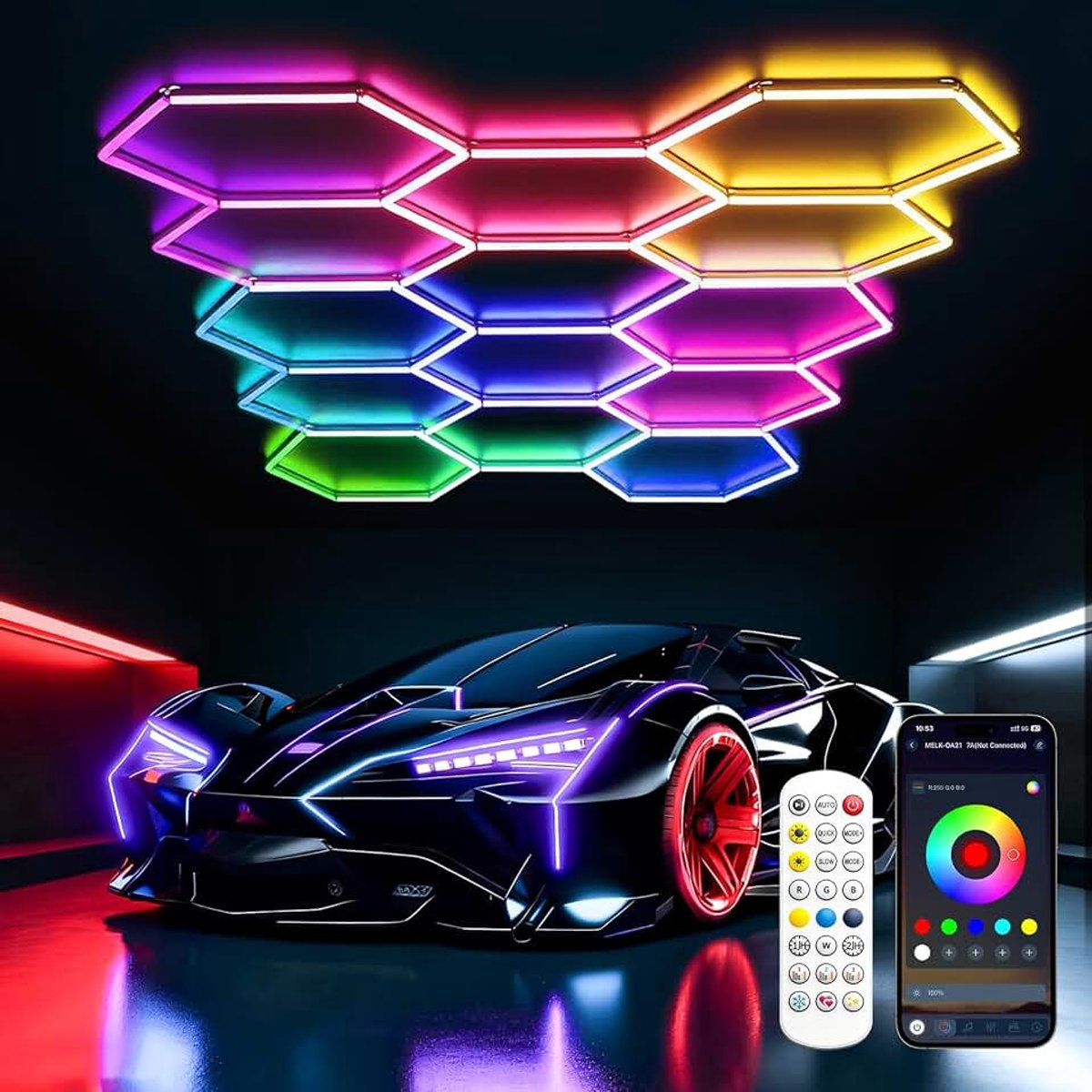 LED Hexagon Verlichting 14-Hex 513W Garagelampen Plafondlampen | Superheldere Dimbare Koppelbare Hexagon met Afstandsbediening/App voor Gamingruimtes, Bars, Feesten, Sportscholen