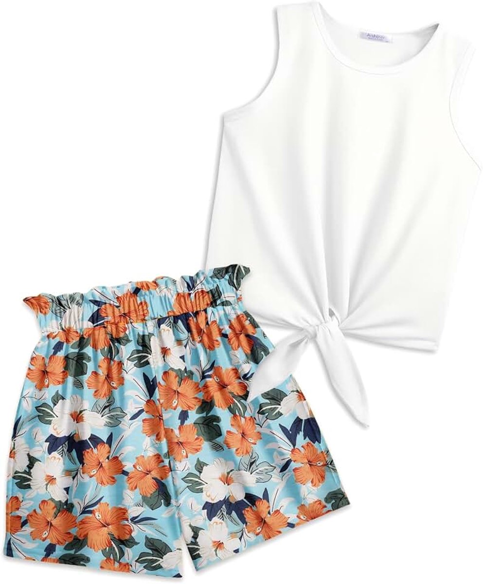 Zomerkleding voor meisjes, mouwloze T-shirts met shorts, set, sport, vrije tijd, modesets voor meisjes van 6-14 jaar