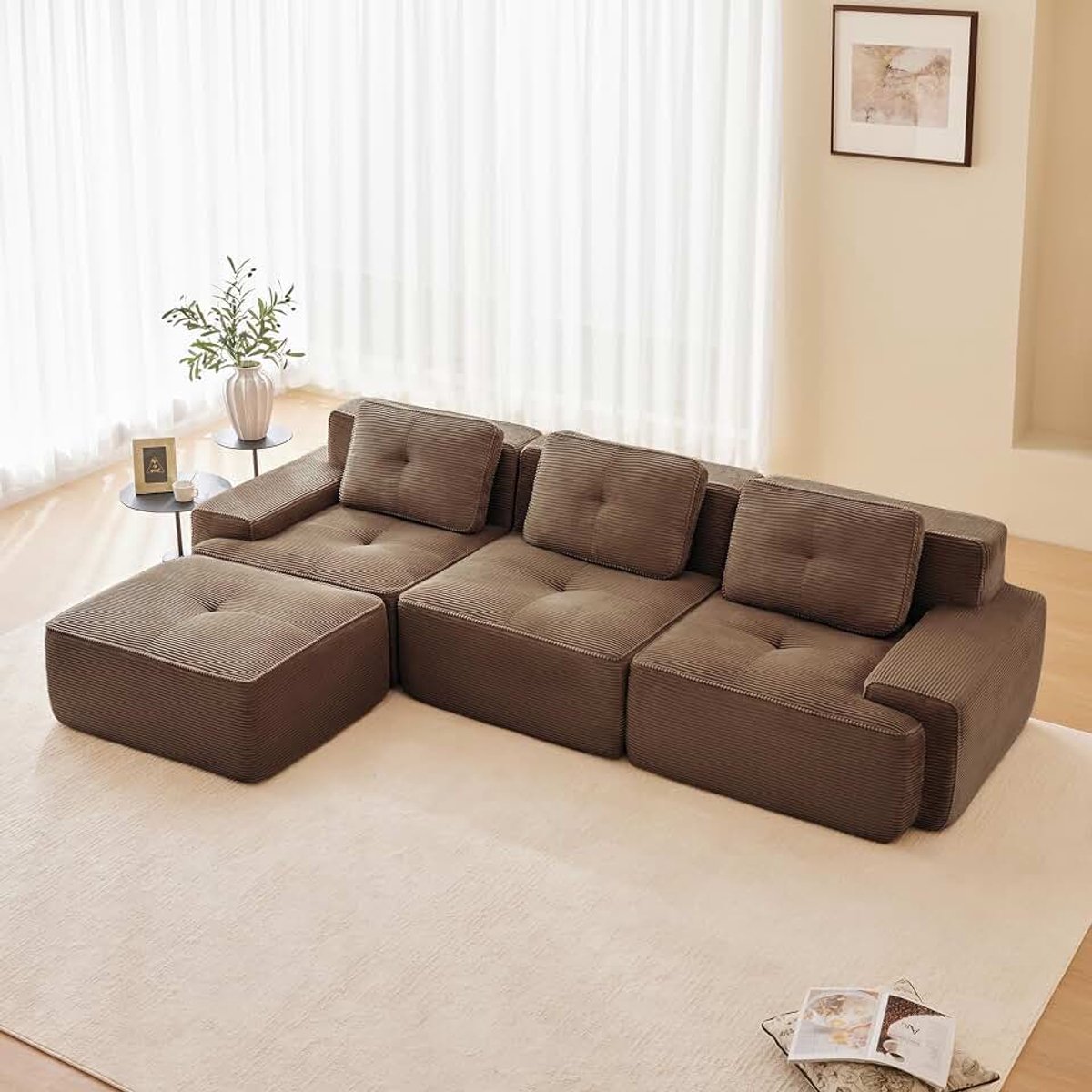 Modulaire Canapé voor moderne woonkamer met zitdiepte van 74 cm, corduroy bank, wolkbeklede bank, te combineren banken, voor woonkamer, bruin, 3S + 1