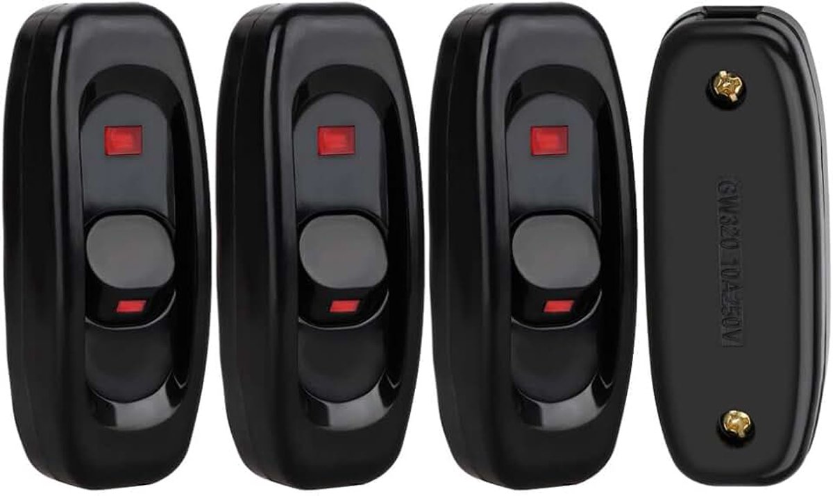 4Stuks Inline Snoerschakelaar Apparaatknop aan/uit 10A 250V Inline Stroomschakelaar Met LED-licht Voor Tafellamp Bureaulamp Bedlamp (zwart)