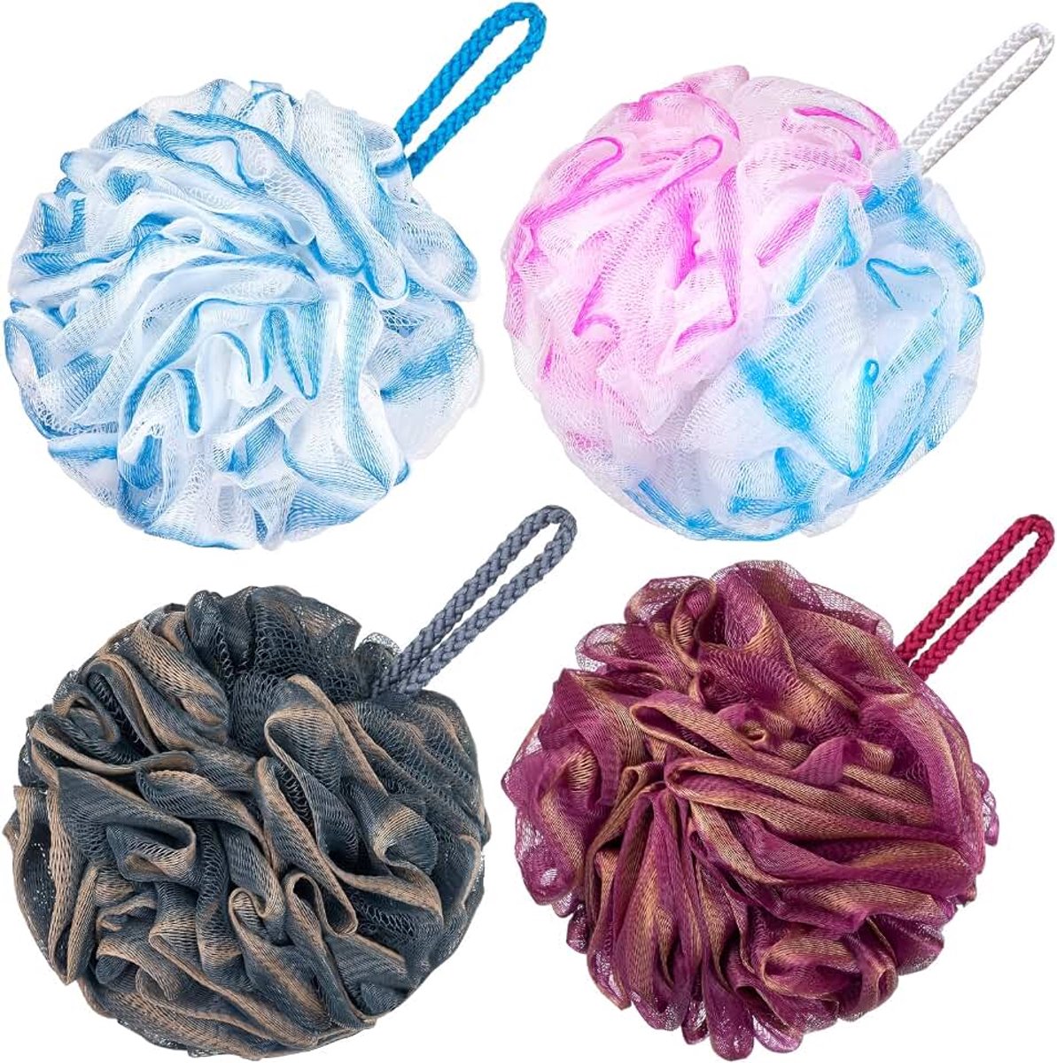 Bad Loofah Groot 80g Douche Spons Lichaamsscrubber Mesh Poef voor Mannen en Vrouwen, Set van 4 (Meerkleurig)