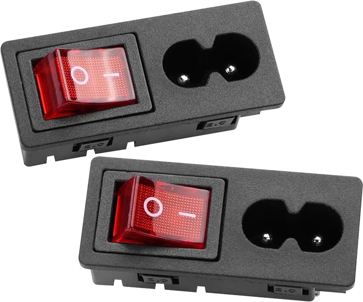 C8 Inbouwstekker adapter, AC 250V 3A 2-pins inbouwstekker stroomaansluiting met rode knopschakelaar stopcontact (2-pack)