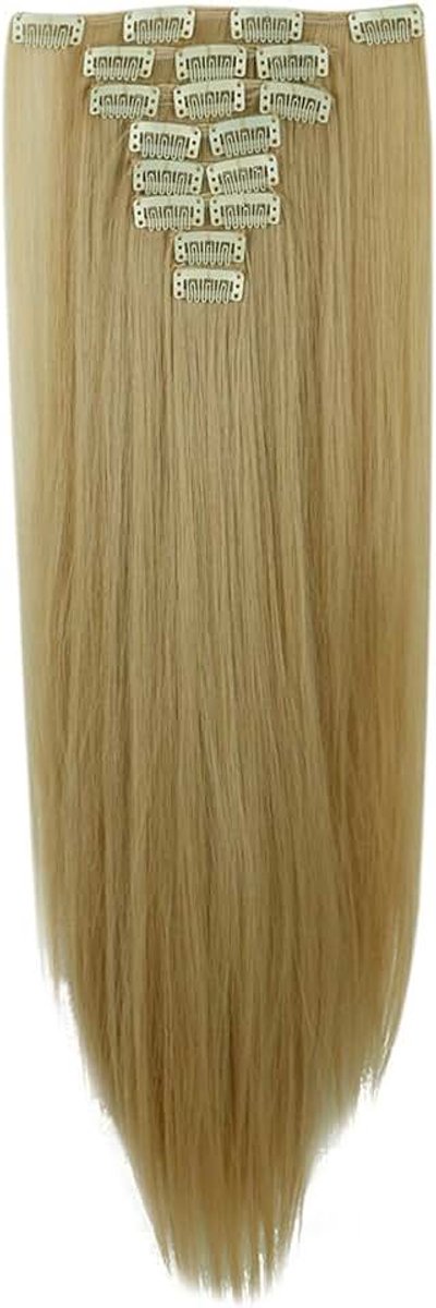 Clip-in extensies, haarverlenging, glad, 8-delige set, 18 clips, 8 stuks, voor het hele hoofd, net echt haar, 58 cm, donkerblonde mix bleekblond
