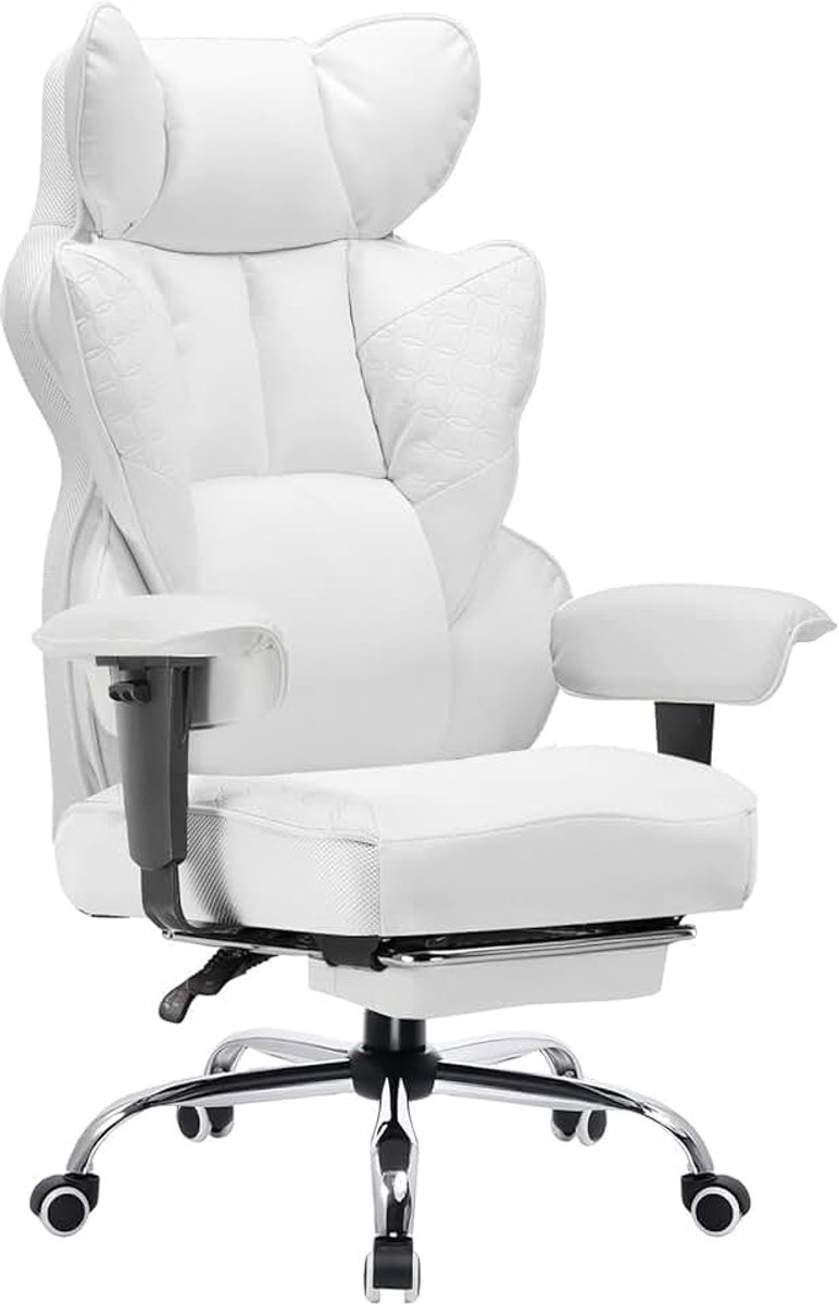 Ergonomische gamingstoel met verstelbare armleuningen, lendensteun met pocketvering, voor grote en hoge personen, 150 kg, brede zitting wit