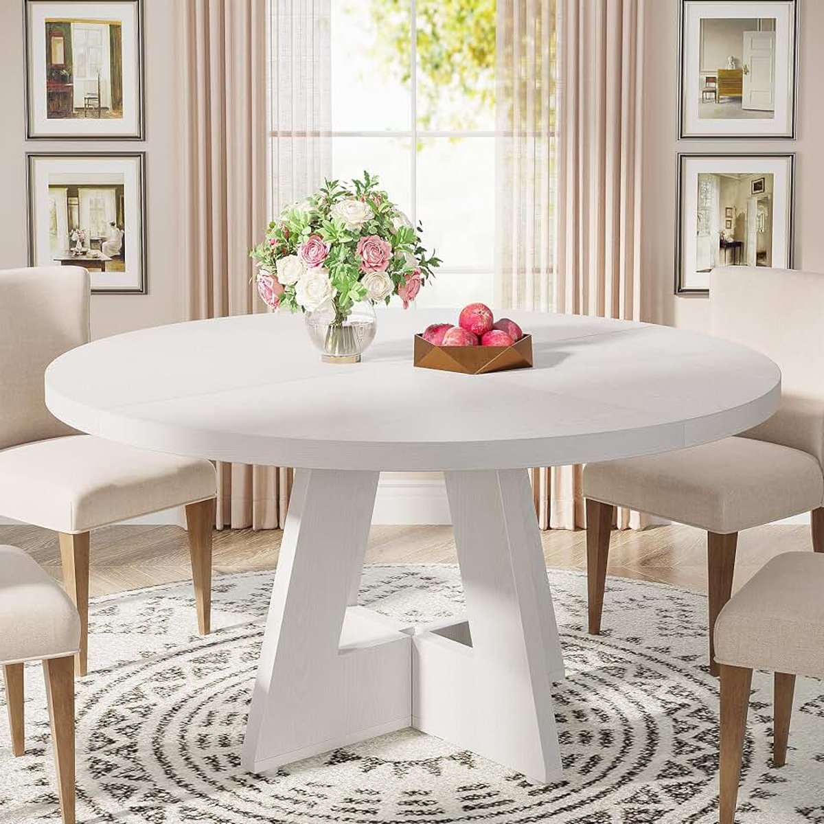 Ronde eettafel, keukentafel voor eetkamer en woonkamer, 120 cm eetkamertafel voor 4 personen, moderne eettafel met houten tafelblad en poten, wit (alleen tafel)