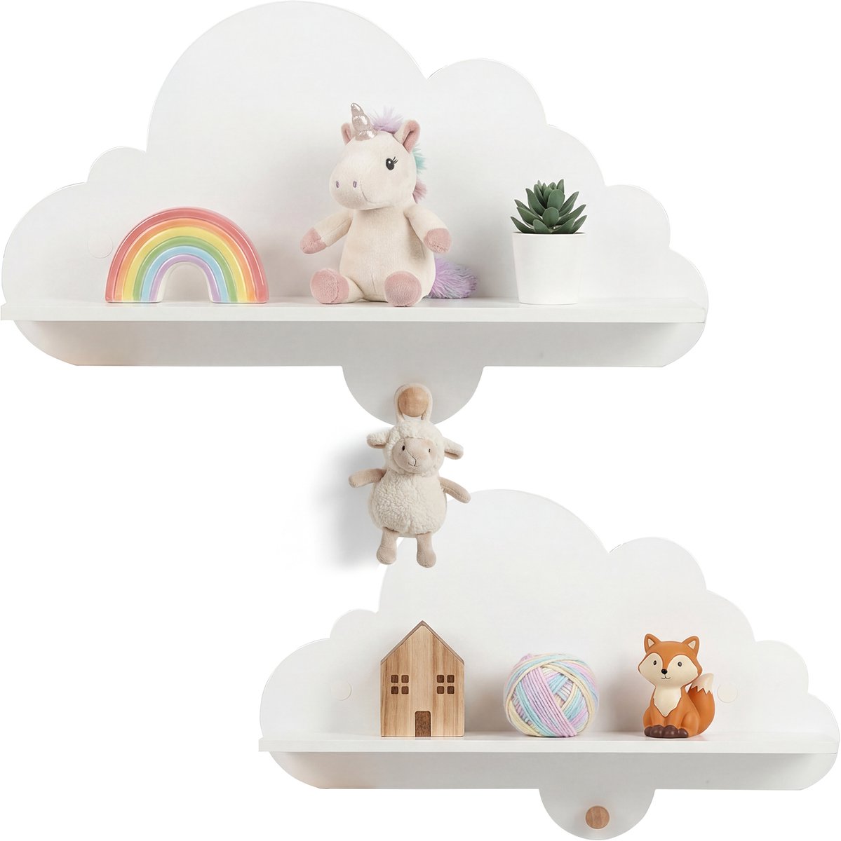 COSTWAY 2er Set Wandregal Kinder, Zweefplank in Wolkvorm van Massief Hout, Wandgemonteerd Kinderplank met Haken, Kinderboekenplank Montessori, Hangplank voor Kinderkamer, Speelkamer, Wit (Wit)
