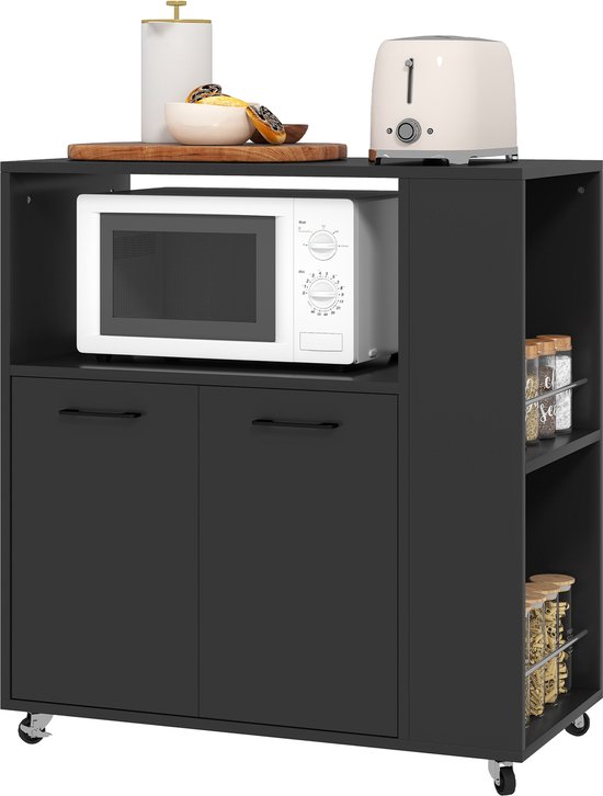 Chariot de cuisine noir avec micro-ondes, 2 portes, étagères ouvertes, pots à épices et grille-pain sur le dessus.