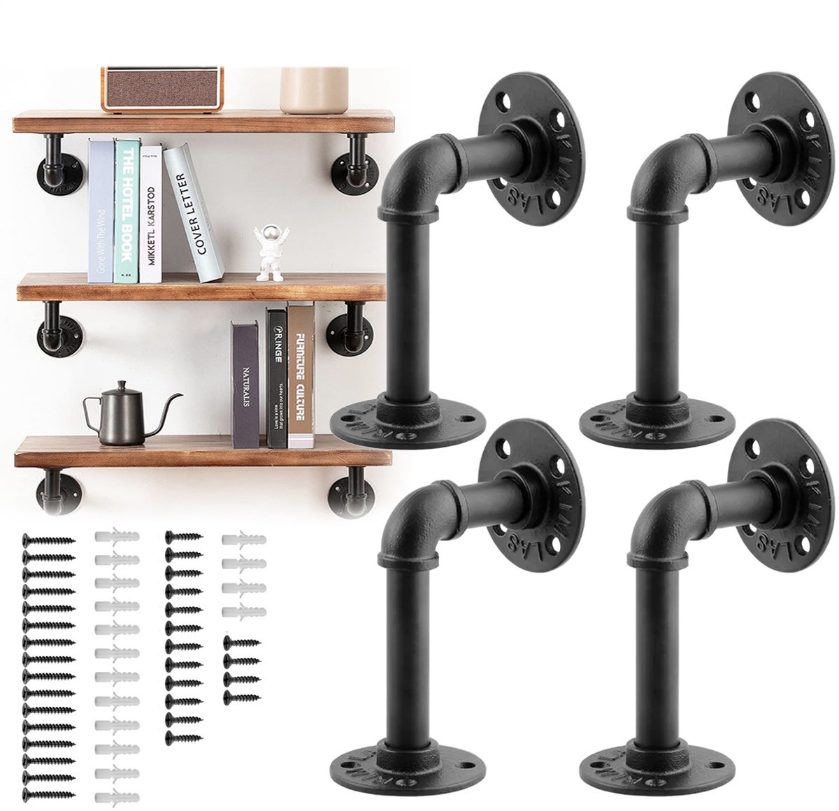 Plankdragers - Set van 4 - Plankrekken van buizen - Opbergrekken van waterleidingbuizen - Wandplanksteunen - Wandplankbeugels - Zwart
