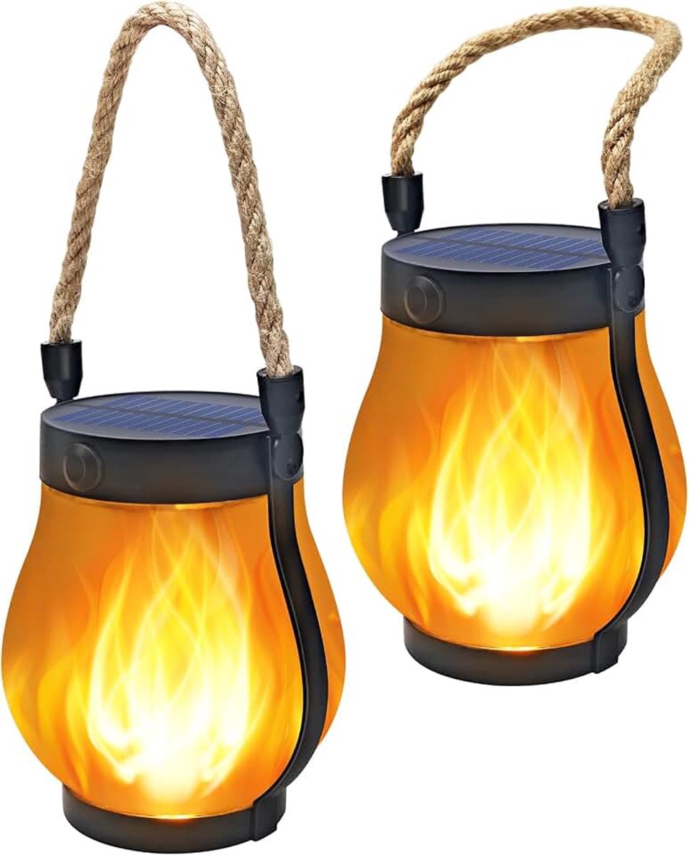 Lantaarns met Flikkerend Vlam,Zonne & USB-C,2 Stuks | Waterbestendige Vintage Lampen met Schemeringssensor, Ophangbaar & Staand,Decoratie voor Tuin,Terras,Balkon en Buitenplaats