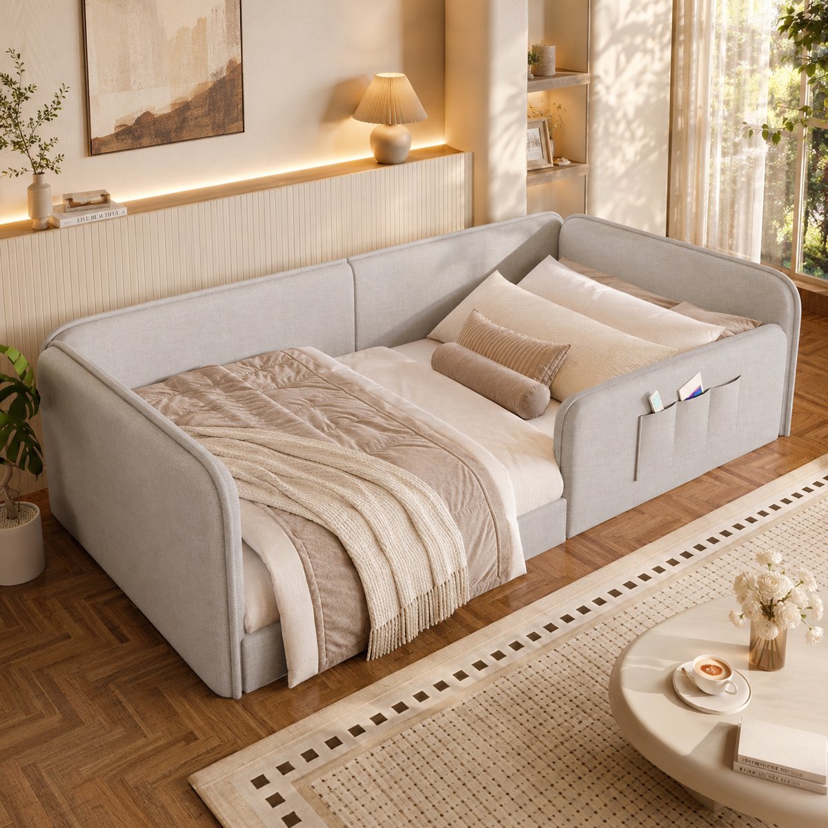 Eenpersoonsbed 90x200 cm - Vloerbed - Gestoffeerd bed - Linnen - Met vangrails - Met opbergvak - Veilig en comfortabel - Beige
