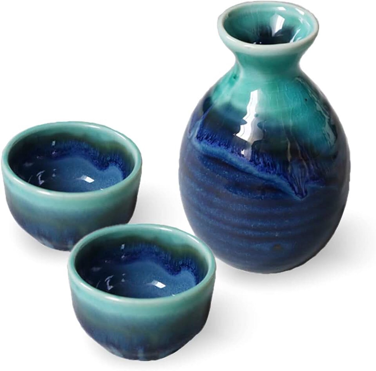 Ware Turkoois Blauw Japanse Sake Tokkuri 2 kopjes gemaakt in Japan