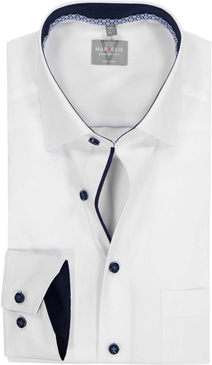 MARVELIS comfort fit overhemd - popeline - wit met blauw contrast en knopen - Strijkvrij - Boordmaat: 48 (EU maat: 3XL)