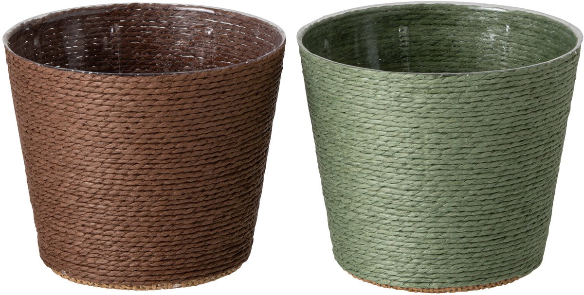 J-Line Bloempot - papier - donkergroen/donkerbruin - small - assortiment van 2