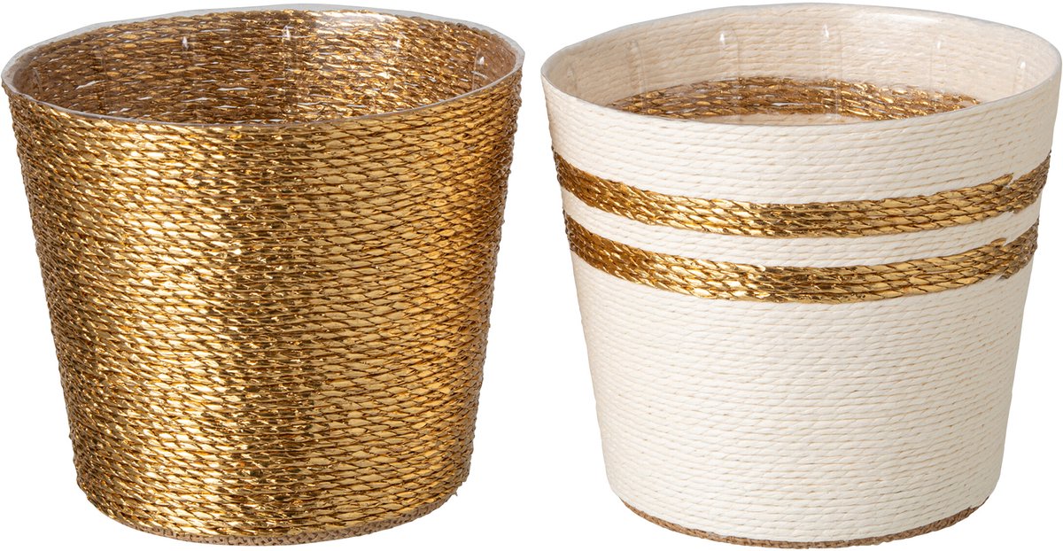 J-Line Gestreepte bloempot - papier - wit/goud - large - assortiment van 2