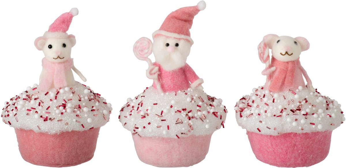 J-Line Taart met muis en kerstman - wol - roze/wit - assortiment van 3
