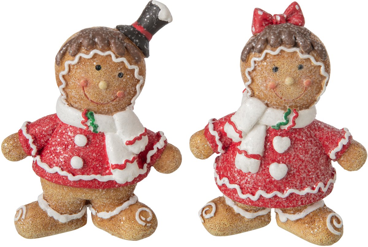 J-Line Peperkoekfiguur - polyresin - kerstrood/beige - small - assortiment van 2