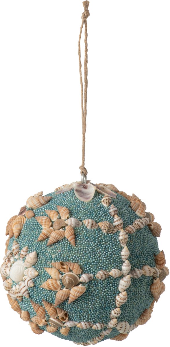 J-Line kerstbal Kralen + Schelp - kunststof - azuurblauw/wit - 12 stuks