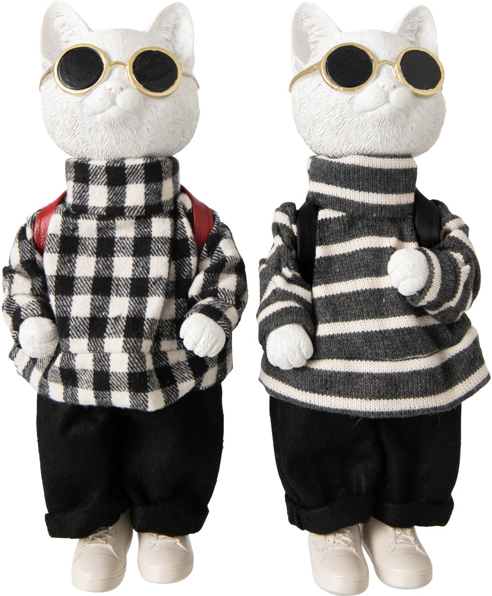 J-Line figuur Kat Geruit + Gestreept - polyresin - zwart/wit - large - 2 stuks