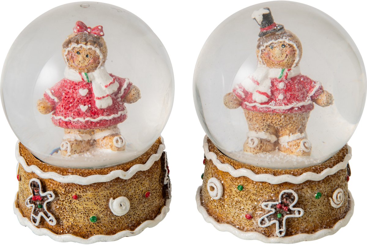 J-Line Sneeuwbol met peperkoekfiguur - polyresin - beige/kerstrood - assortiment van 2