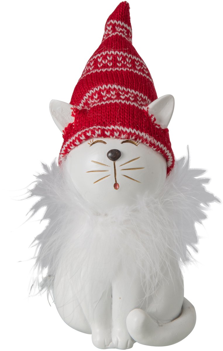 J-Line decoratie Kat Hoed - polyresin - wit/kerstrood - medium
