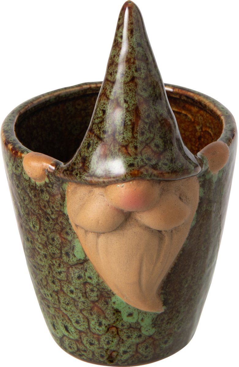 J-Line bloempot Kabouter - steengoed - groen/bruin - small