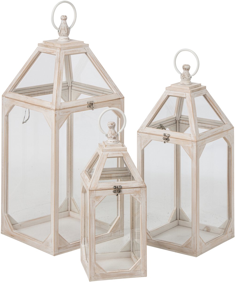 J-Line lantaarn - dennenhout - beige - set van 3
