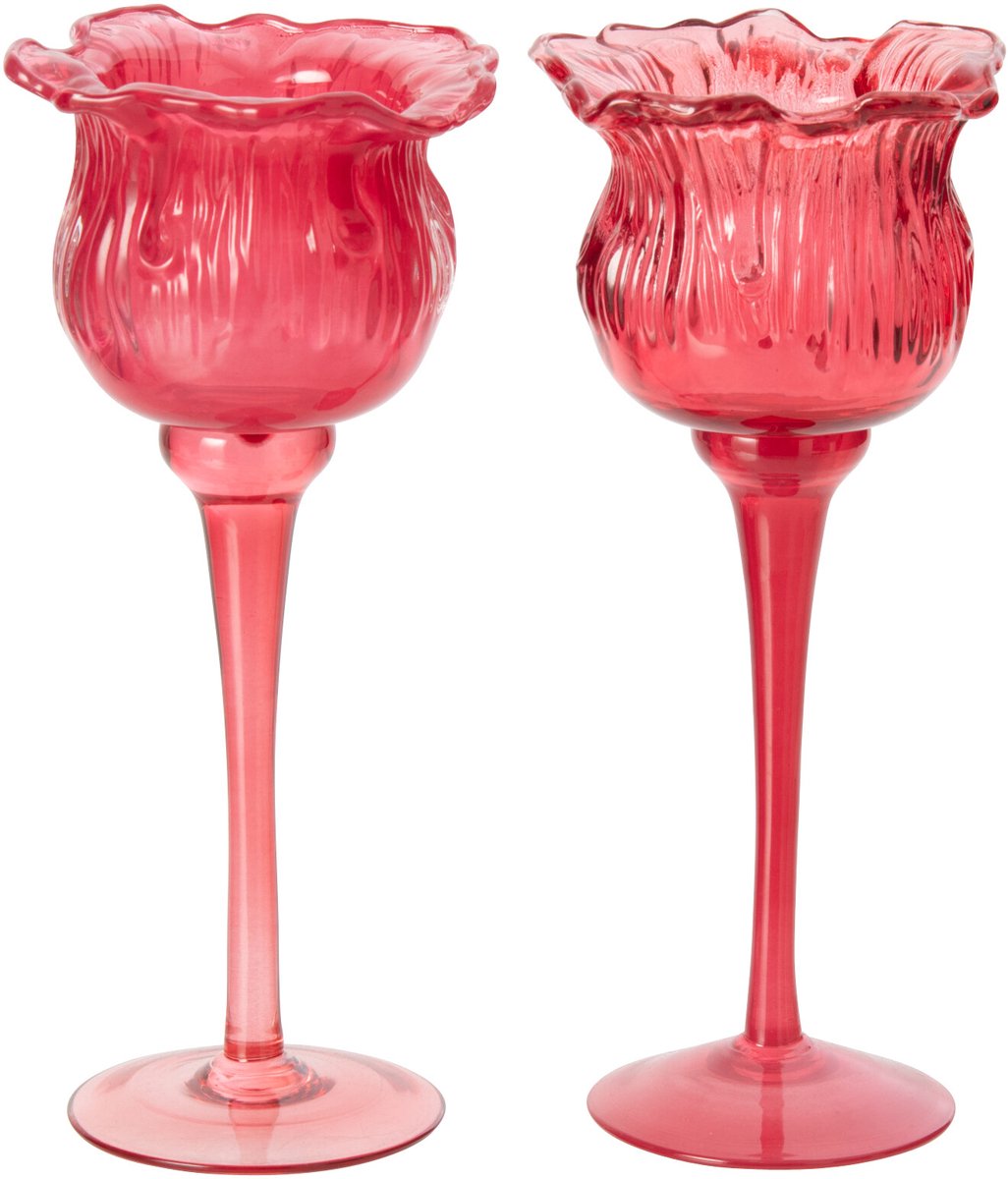 J-Line Tulpvormig windlicht op voet - glas - fuchsia - small - assortiment van 2