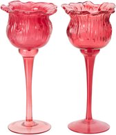 J-Line Tulpvormig windlicht op voet - glas - fuchsia - small - assortiment van 2