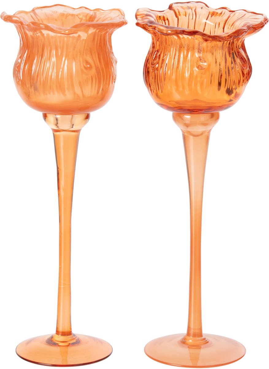 J-Line Tulpvormig windlicht op voet - glas - oranje - large - assortiment van 2