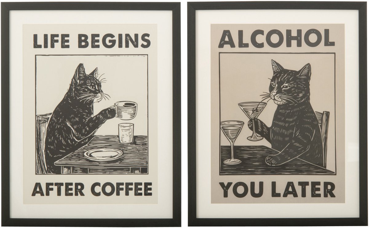 J-Line Poster kat met drankje - MDF - zwart/wit - assortiment van 2