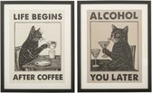 J-Line Poster kat met drankje - MDF - zwart/wit - assortiment van 2