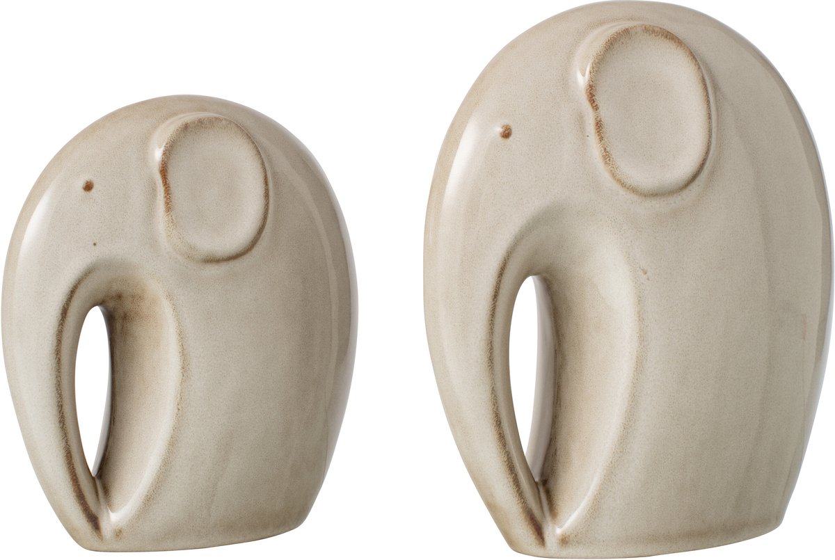 J-Line decoratie Olifant - porselein - beige - 2 stuks