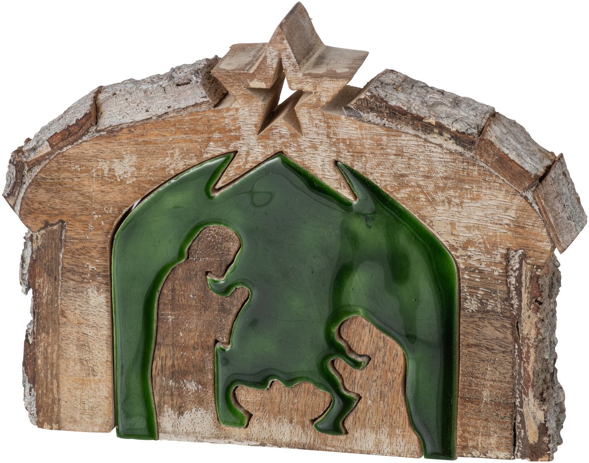 J-Line Kerststal met schors - mangohout - naturel/donkergroen - medium