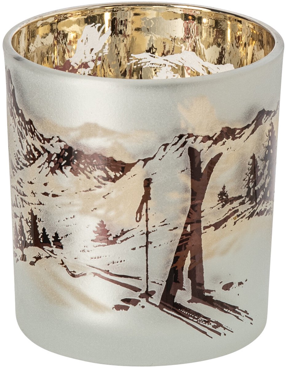 J-Line Windlicht met skiscène - glas - wit/bruin - small - set van 4