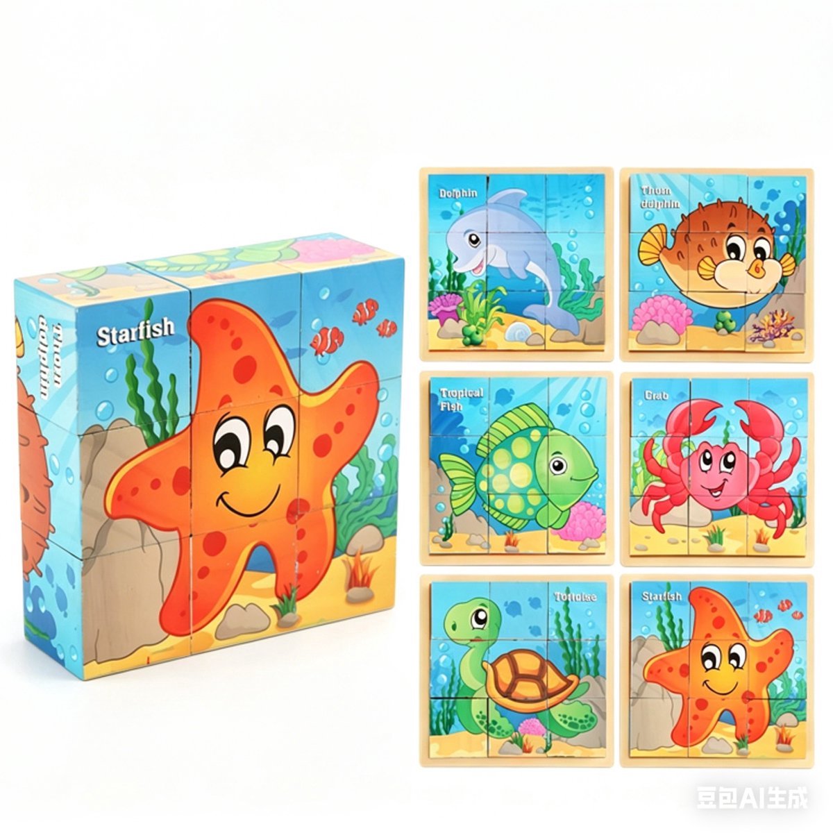 Casalora Houten Kubus 3d Puzzel Kind - 6-in-1 Puzzel Onderwaterwereld met 9 Blokken en Opbergbak - Educatief Speelgoed vanaf 3 Jaar