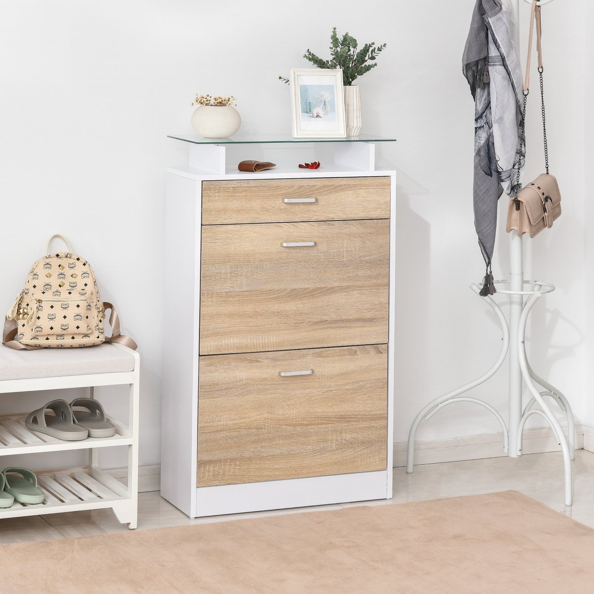 Halmeubel met schoenenkast - 60 x 105 x 24 cm - Top glazen plank - houten eiken wit - 2 schuifdeuren 2 kamers