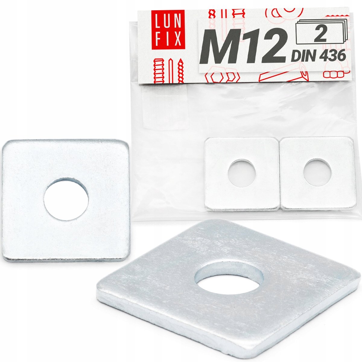 LUN FIX - Sluitplaat verzinkt M12 - Vierkante sluitring 40x40x3,5 - 2 stuks