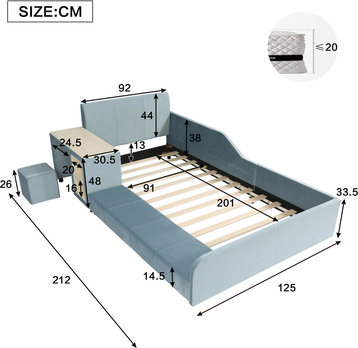 Gestoffeerd bed 90x200 cm - met kinderbureau en krukje - met opbergplank - kinderbed - blauw