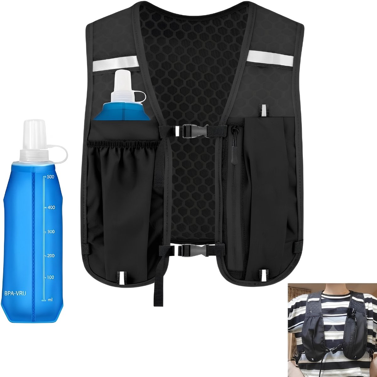 JCP® Hardloopvest - Hardloopvestje - Hardloopvest met Drinken en Telefoonhouder - Zwart - 25cm x 25cm x 6cm
