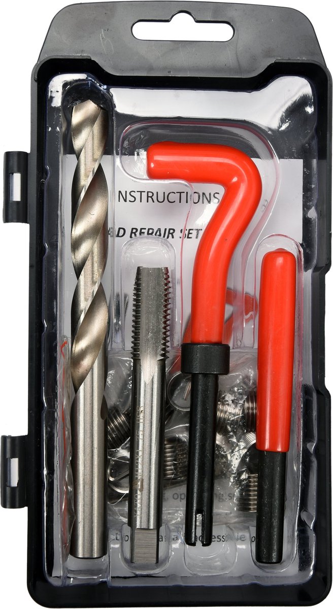 20-Delige Draadreparatieset M12 x 1.75 mm – Inclusief HSS Boor, HSS Tap, Inbrenggereedschap & RVS Draadbussen (Helicoil Type)