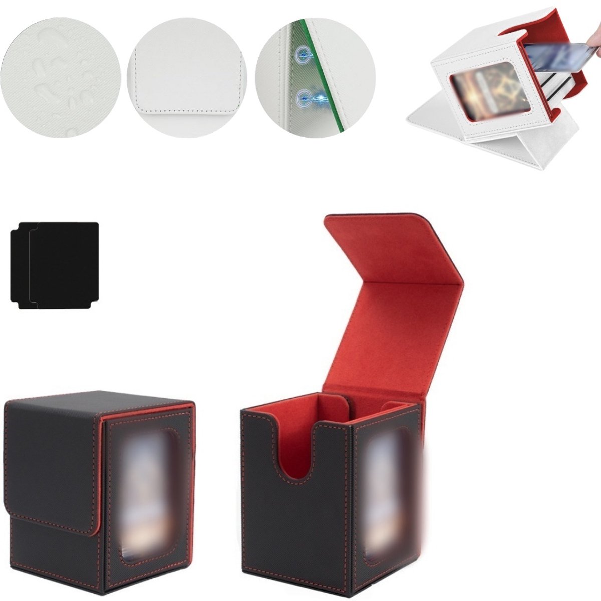 Kaartenopbergdoos – Magnetische TCG-displaydoos – Geschikt voor 100 kaarten met dubbele sleeves – Verticale deckbox van PU-leer – Verzameldoos met kijkvenster – 8,5 x 9,5 x 11,2 cm