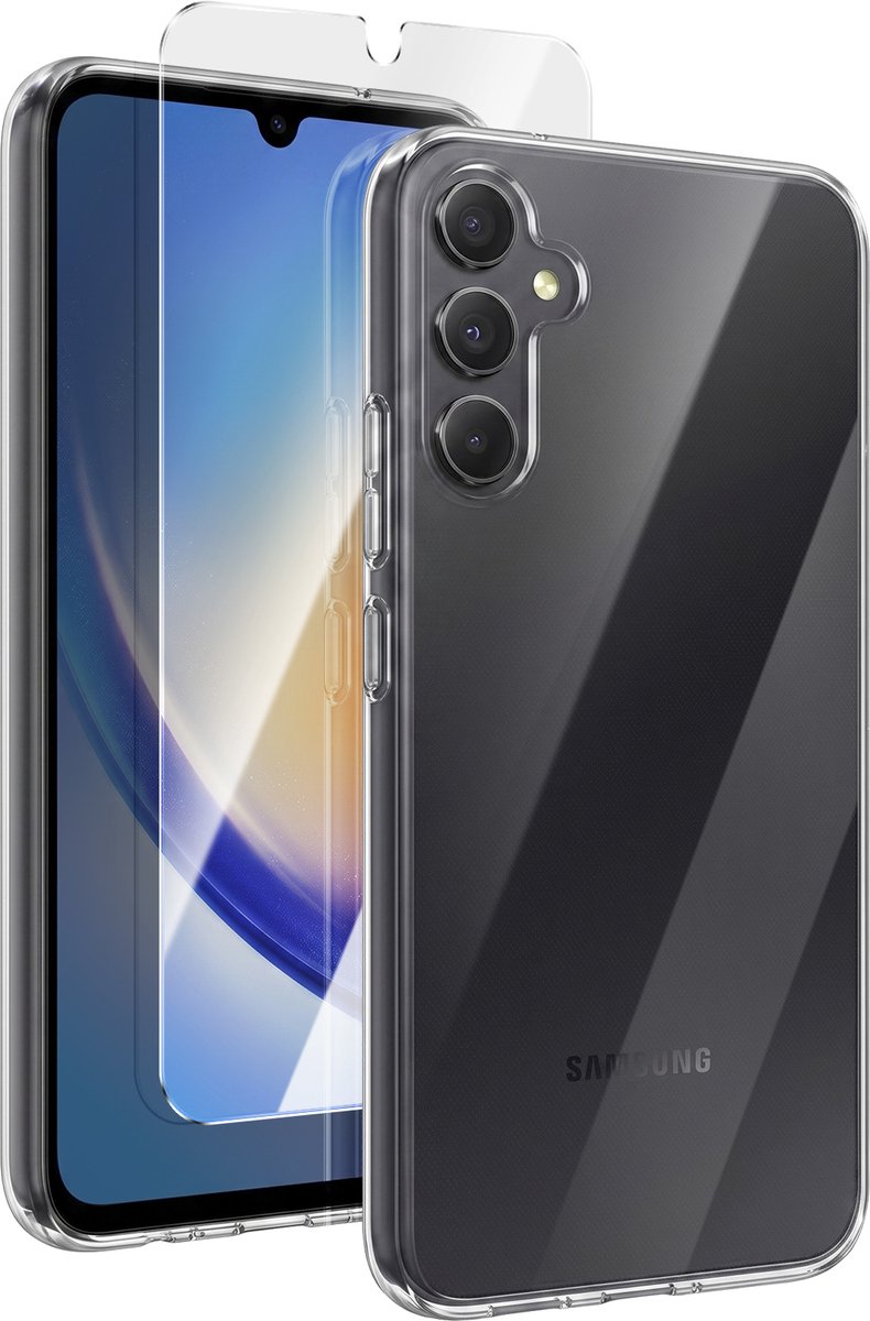Mayaxess, Beschermingsset Geschikt voor Samsung Galaxy A34 5G met Hoesje en Gehard Glas, Transparant