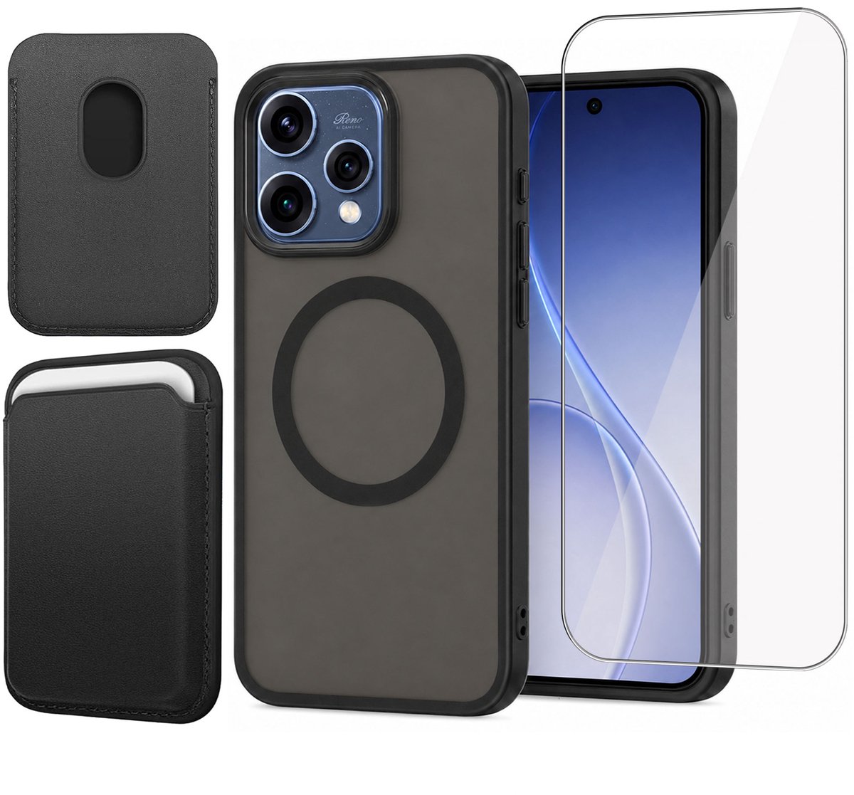Hoesje + Pasjeshouder + Screenprotector geschikt voor OPPO Reno 15 5G - Portemonnee geschikt voor MagSafe - Magnetisch - Pasjes Houder - Creditcardhouder - Zwart